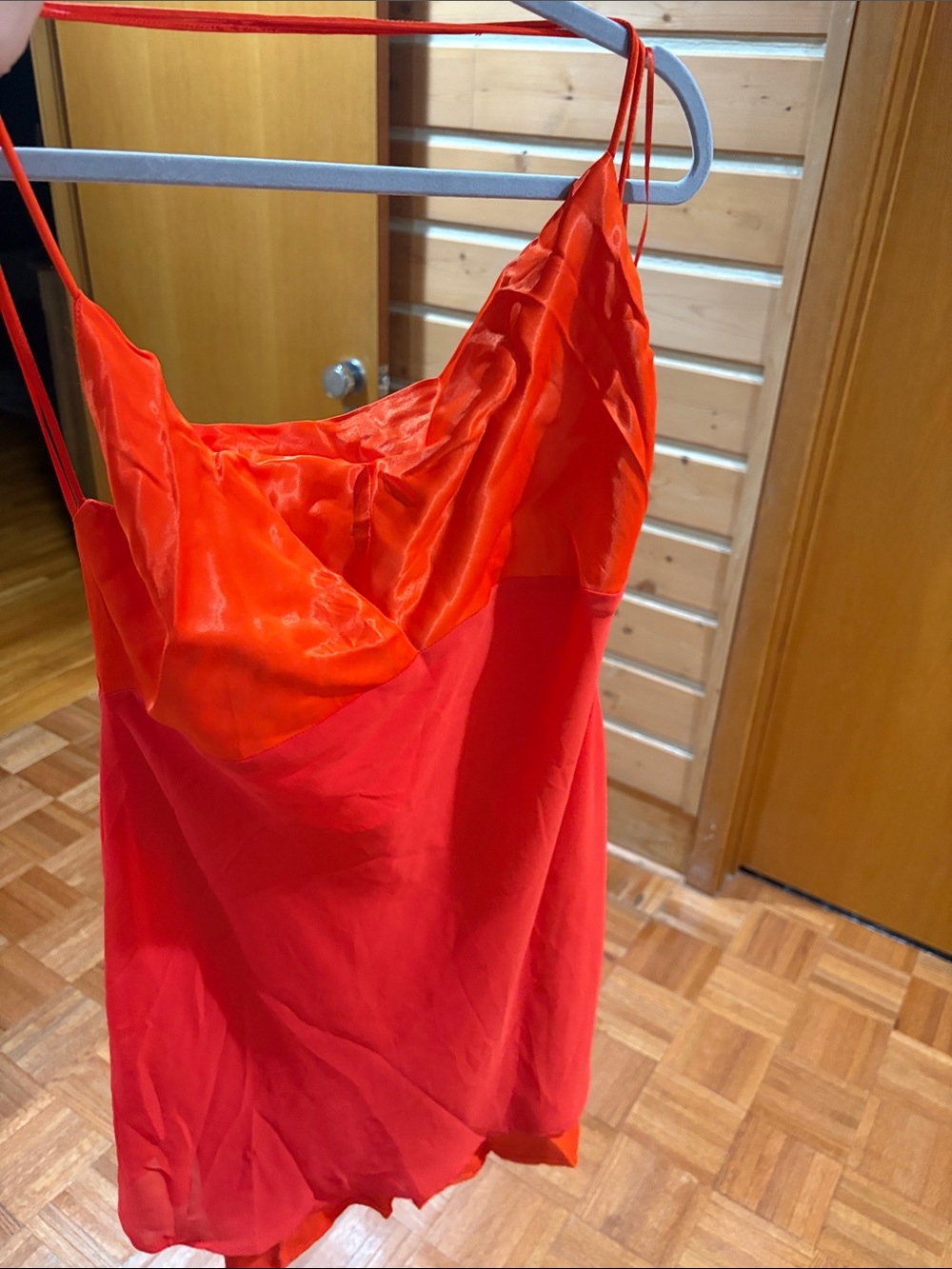Zara Two-Tone Red-Orange Satin Slip Mini Dress